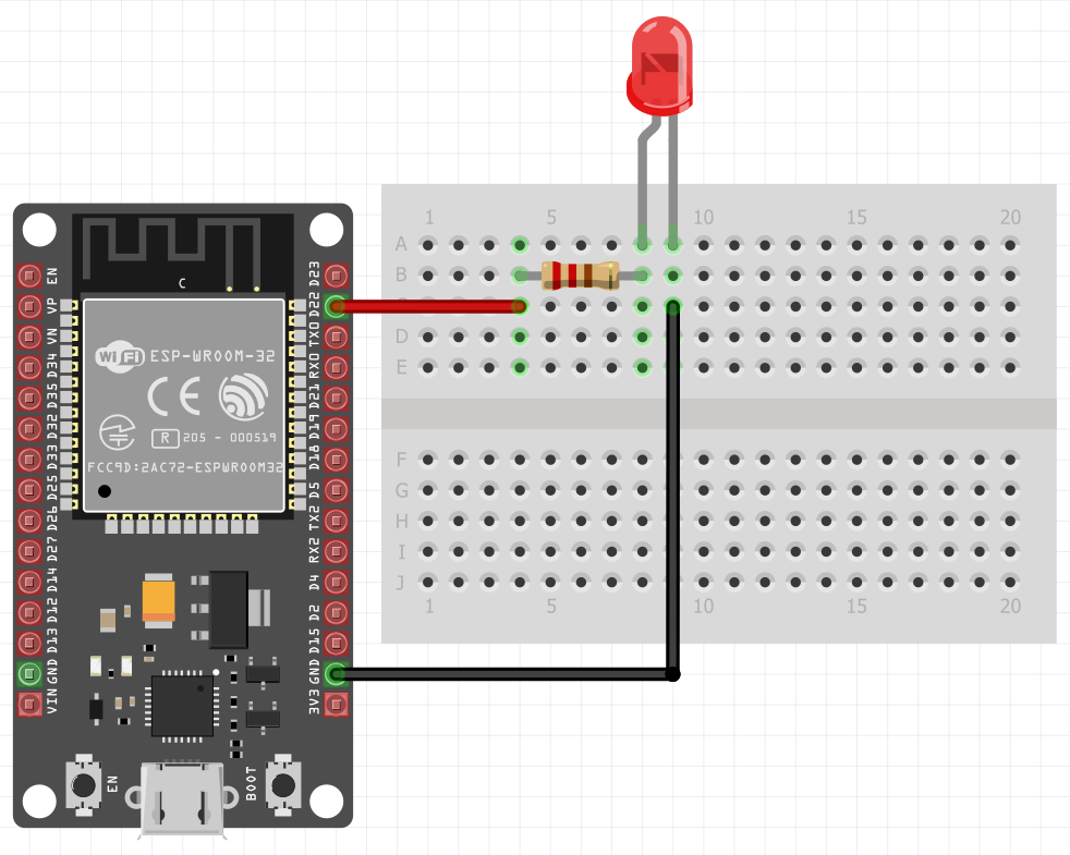 Schéma zapojení LED k ESP32